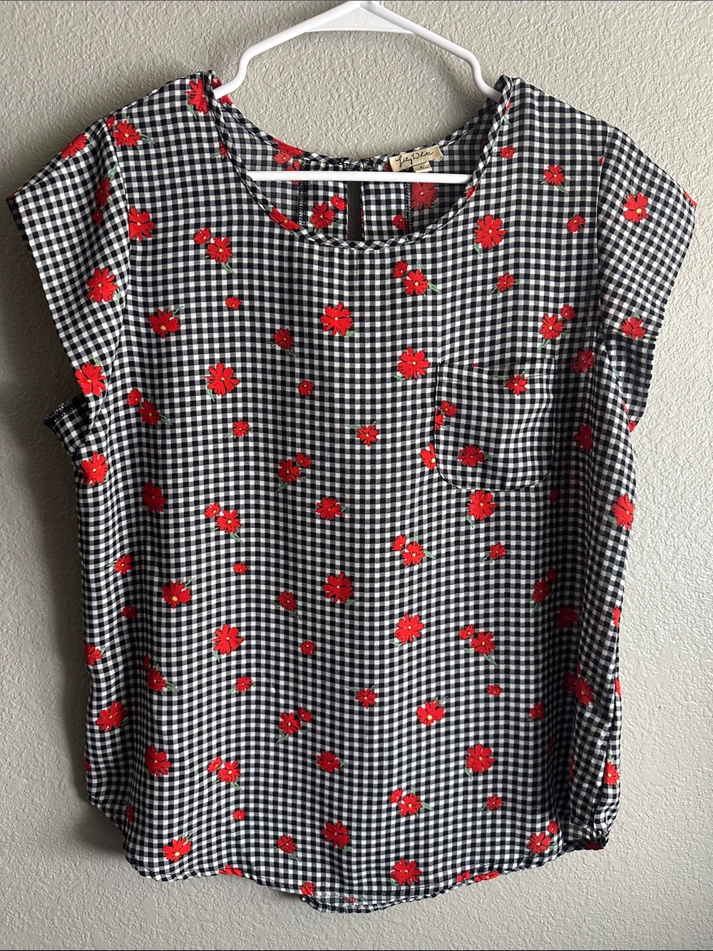 Lily White Black-and-White Gingham Cap-Sleeve Top with Red Floral Print